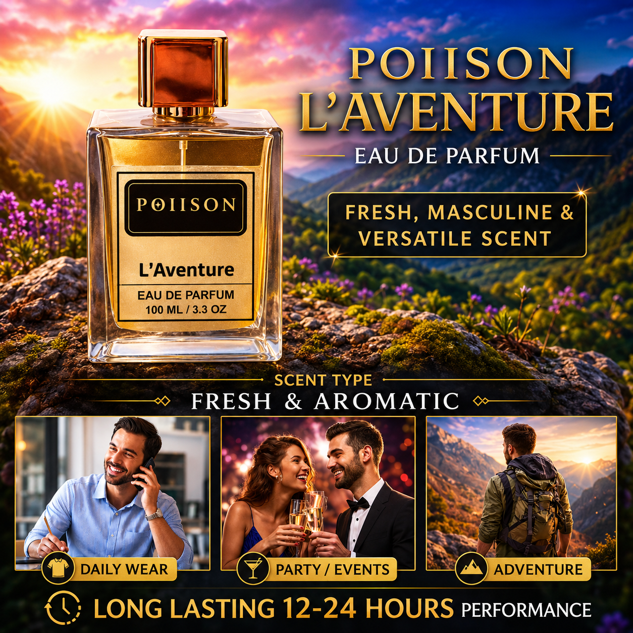 POIISON L'Aventure Eau De Parfum for Men – 100ML / 3.3 OZ Long Lasting Luxury Perfume – Fresh Citrus Woody Musk Fragrance – Premium Men's Cologne Spray for Daily Wear, Office & Party