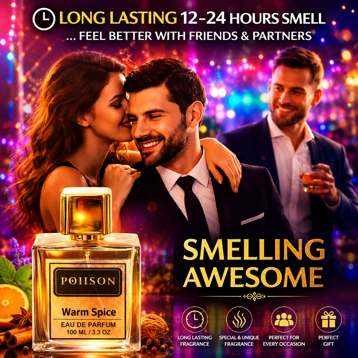 POIISON Perfume Warm Spice Eau De Parfum for Men 100ML (3.3 OZ) – Long Lasting 7-8 Hours Luxury Spicy Fragrance Spray – Premium Men's Perfume with Warm Spice Notes for Daily Wear, Party & Special Occasions