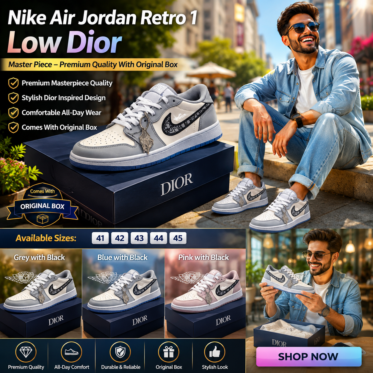 Nike Air Jordan Retro 1 Low Dior Premium Sneakers Sizes 41