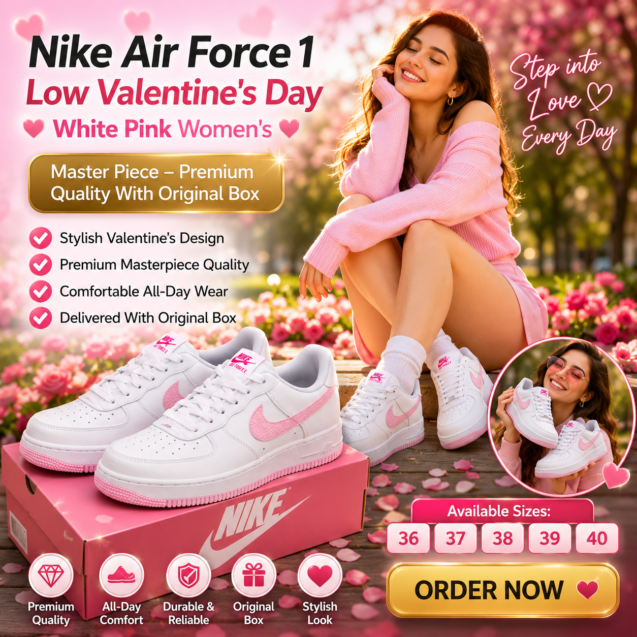 Nike Air Force 1 Low Valentine's Day White Pink Women's Size 36